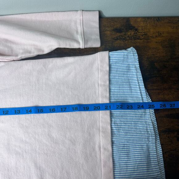 J.Crew Pink Pullover Crewneck Sweatshirt Blue White Strip Woven Hem Women's L - Picture 9 of 10